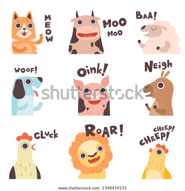 Cute\
Cartoon Farm Animal Making Sounds Set, Cat, Cow, Sheep, Dog, Pig,\
Horse, Hen, Lion, Chick Saying Vector\
Illustration