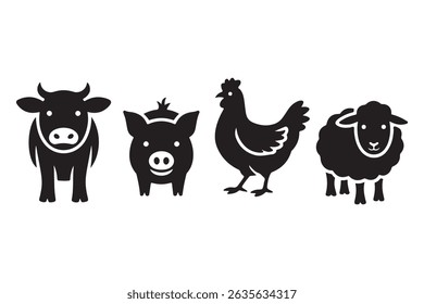 Cute cartoon farm animal vector set illustration with cow, chicken, pig, horse, cat, dog, duck, and sheep characters