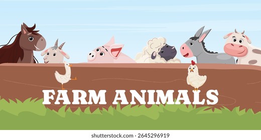 Cute cartoon farm animals banner with horse, goat, pig, sheep, donkey, cow, duck, chicken, vector illustration