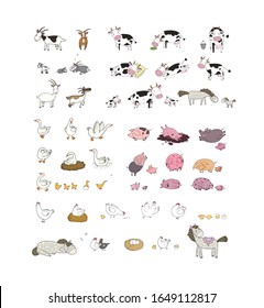 Cute cartoon farm animals and birds. Funny horses and cows, hens, geese and goats. Extra Big set. Vector Illustration