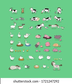Cute cartoon farm animals and birds. Funny horses and cows, hens, geese and goats. Extra Big set. Vector Illustration