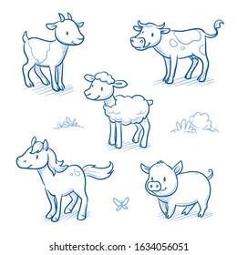 Cute cartoon farm animals for children as goat, sheep, horse, cow and pig. Hand drawn doodle vector illustration.