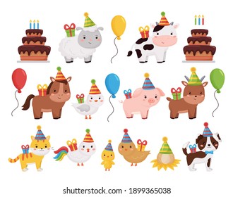 Cute cartoon farm animals collection with birthday cake, presents, balloons and cake. Vector illustration for invitation and greeting card design. 