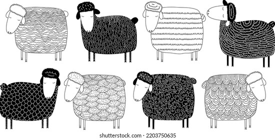 Cute cartoon farm animals isolated. 8 different sheep characters. Hand drawn doodle vector illustration in minimalistic sketchy scandinavian style. Kids drawing. 