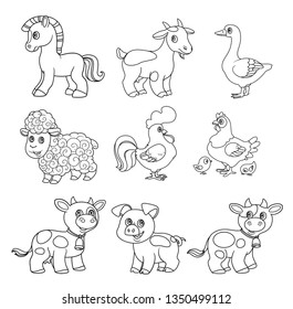 Cute cartoon farm animals set black outline on a white background for coloring page