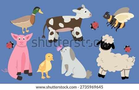 Cute cartoon farm animals set on blue background. Cow, pig, sheep, duck, chick, rabbit, bee and ladybug in flat vector style. Perfect for kids illustrations, educational materials, nursery design, posters, stickers and mobile apps.