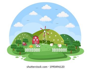 Ilustración vectorial de animales de granja de dibujos animados con vaca, caballo, pollo, pato o oveja. Para postal, fondo, fondo de escritorio y afiche
