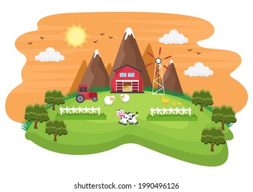 Cute Cartoon Farm Animals Vector Illustration With Cow, Horse, Chicken, Duck, or Sheep. For Postcard, Background, Wallpaper, and Poster

