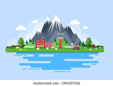 Ilustración vectorial de animales de granja de dibujos animados con vaca, caballo, pollo, pato o oveja. Para postal, fondo, fondo de escritorio y afiche