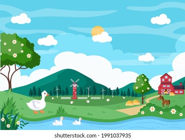 Ilustración vectorial de animales de granja de dibujos animados con vaca, caballo, pollo, pato o oveja. Para postal, fondo, fondo de escritorio y afiche