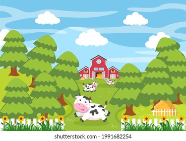 Cute Cartoon Farm Animals Vector Illustration With Cow, Horse, Chicken, Duck, or Sheep. For Postcard, Background, Wallpaper, and Poster