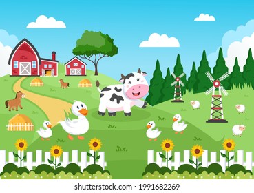 Cute Cartoon Farm Animals Vector Illustration With Cow, Horse, Chicken, Duck, or Sheep. For Postcard, Background, Wallpaper, and Poster