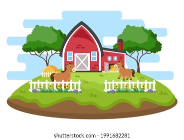 Cute Cartoon Farm Animals Vector Illustration With Cow, Horse, Chicken, Duck, or Sheep. For Postcard, Background, Wallpaper, and Poster