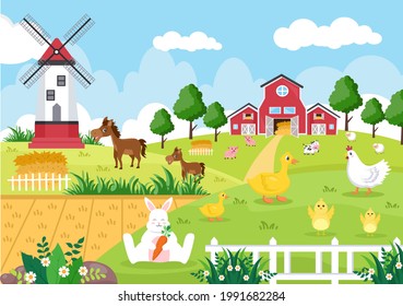 Cute Cartoon Farm Animals Vector Illustration With Cow, Horse, Chicken, Duck, or Sheep. For Postcard, Background, Wallpaper, and Poster