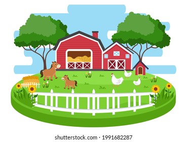 Cute Cartoon Farm Animals Vector Illustration With Cow, Horse, Chicken, Duck, or Sheep. For Postcard, Background, Wallpaper, and Poster