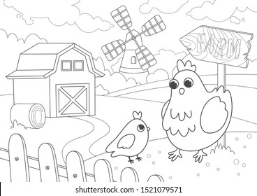 Cute cartoon farm landscape. Countryside farm with hen and chicken, barn and mill. Kids coloring book. Worksheet for children and adults. Vector image.