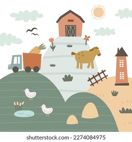 Cute cartoon farm landscape . Vector colorful illustration for kids, flat style. hand drawing. Baby design for cards, print, posters