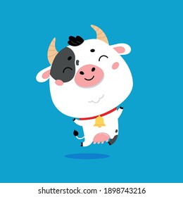 Cute cartoon farm milk animal character on blue background. Vector funny mascot. Vector Illustration of farm cow for printing on products and packaging containing milk in simple children's style.