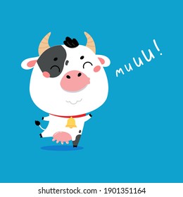 Cute cartoon farm milk animal character on blue background. Vector funny mascot. Vector Illustration of farm cow for printing on products and packaging containing milk in simple children's style.