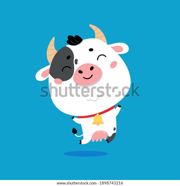 Cute cartoon farm milk animal character on blue
background. Vector funny mascot. Vector Illustration of farm cow
for printing on products and packaging containing milk in simple
children's style.