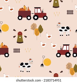 Granja de dibujos animados sin fisuras. Animales domésticos impresos a mano. Paisaje del pueblo. Diseño de bebé con vaca vectorial, pollo, tractor con remolque, molino, calabaza, pajar. Cosecha Autum