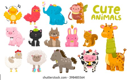 Cute cartoon farm and wild animals. Duck, cow, elephant, bird, monkey, pig, cat, dog, bunny, squirrel, giraffe, chicken, sheep, horse.