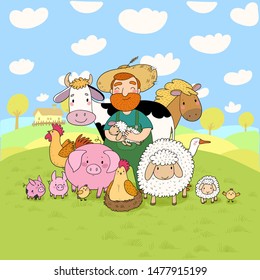 Cute cartoon farmer and animals. Country man and cow, horse and sheep, chicken and goose, pig and rooster.