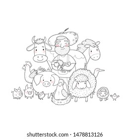 Cute cartoon farmer and animals. Country man and cow, horse and sheep, chicken and goose, pig and rooster.