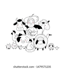 Cute cartoon farmer and animals. Country man in a hat with a sheep, a cow, a pig, a chicken, a goose and a horse