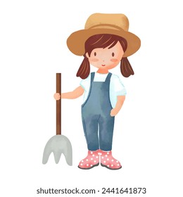 Cute cartoon farmer girl with a pitchfork. Vector illustration.