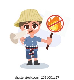 Cute cartoon farmer with megaphone raising awareness for no burning campaign in farmland