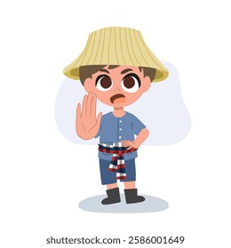 Cute cartoon farmer raising hand in warning sign, traditional thai agriculture character.