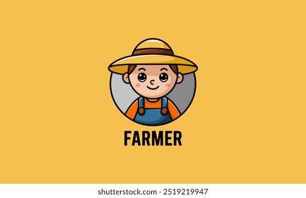 A cute cartoon farmer smiling with a big straw hat.