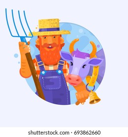 Cute cartoon farmer w with smiling cow. Characters for mascot design. Flat vector illustration