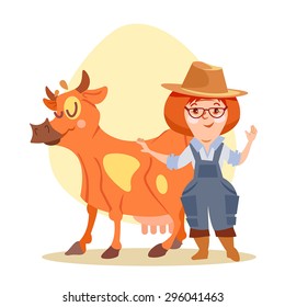 Cute cartoon farmer woman with smiling cow. Characters for mascot design. Vector illustration