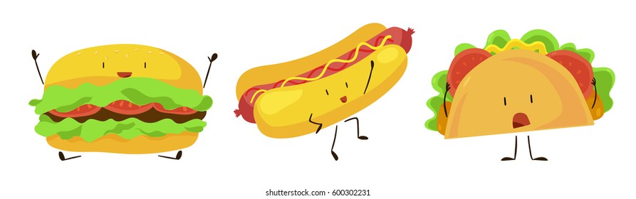 Cute cartoon fast food icons set. Vector illustration for restaurant menu design. Burger, hot dog, junk food cartoon icon isolated on white background