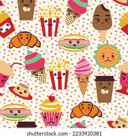 Cute cartoon Fast food menu icons collection Coffee, burger, french fries, ice cream, chocolate, hot dog, popcorn, cupcake. seamless pattern for kids restaurant menu design. 