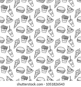 Cute cartoon fast food pattern and hand drawn fast food  Sweet vector black   white fast food pattern  Seamless monochrome fast food pattern for fabric  wallpapers  wrapping paper  cards   web 