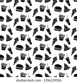 Cute cartoon fast food pattern with hand drawn fast food. Sweet vector black and white fast food pattern. Seamless monochrome doodle fast food pattern for textile, wallpapers, wrapping and web.
