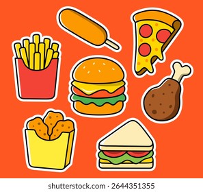 Cute Cartoon Fast Food Set - Burger, Pizza, Fries, Sandwich, and Fried Chicken on Orange Background