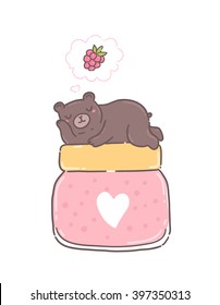 cute cartoon fat bear, laying on raspberry jam jar and dreaming about berry