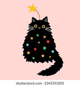 Cute cartoon fat black cat decorated as Christmas tree. Hand drawn vector illustration. Funny winter character card template.