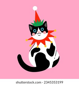 Cute cartoon fat black and white cat wearing a red elf hat. Hand drawn vector illustration. Funny Christmas character card template.