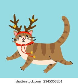 Cute cartoon fat brown cat wearing a reindeer hat. Hand drawn vector illustration. Funny Christmas character card template.