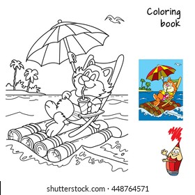 Cute cartoon fat cat in a deckchair floats by sea on a raft with umbrella. Coloring book. Vector illustration