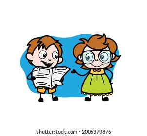 Cute Cartoon Fat Girl With Boy Reading Newspaper