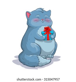 Cute cartoon fat grey cat with gift box, vector illustration, isolated on white