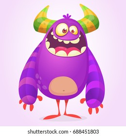 Cute cartoon fat monster. Purple and horned vector troll character. Design for icon, emblem, sticker or children book illustration. Halloween design