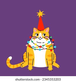 Cute cartoon fat orange cat with a red hat and lights garland. Hand drawn vector illustration. Funny Christmas character card template.