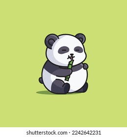 Cute cartoon fat panda s sitting and holding a bamboo to eat vector illustration icon